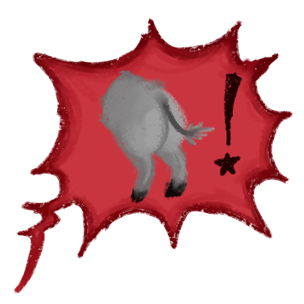 a donkey's backside and an exclamation point in a red spiky speech bubble.